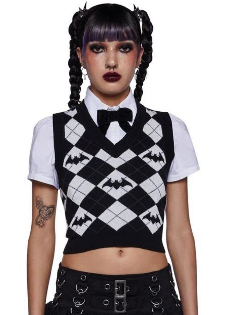 DOLLS KILL TRICKZ N TREATZ HALLOWEEN ARGYLE BAT VEST DARK ACADEMIA GOTH NWT MED